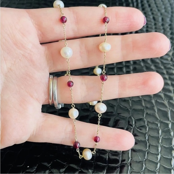 Jewelry - 10k Gold Jacmel Mauritius Pearl & Garnet Bead Chain Necklace JCM